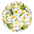 ÃÂ¡ircle made of different yellow and green floral elements. Template for greeting card and invitation.